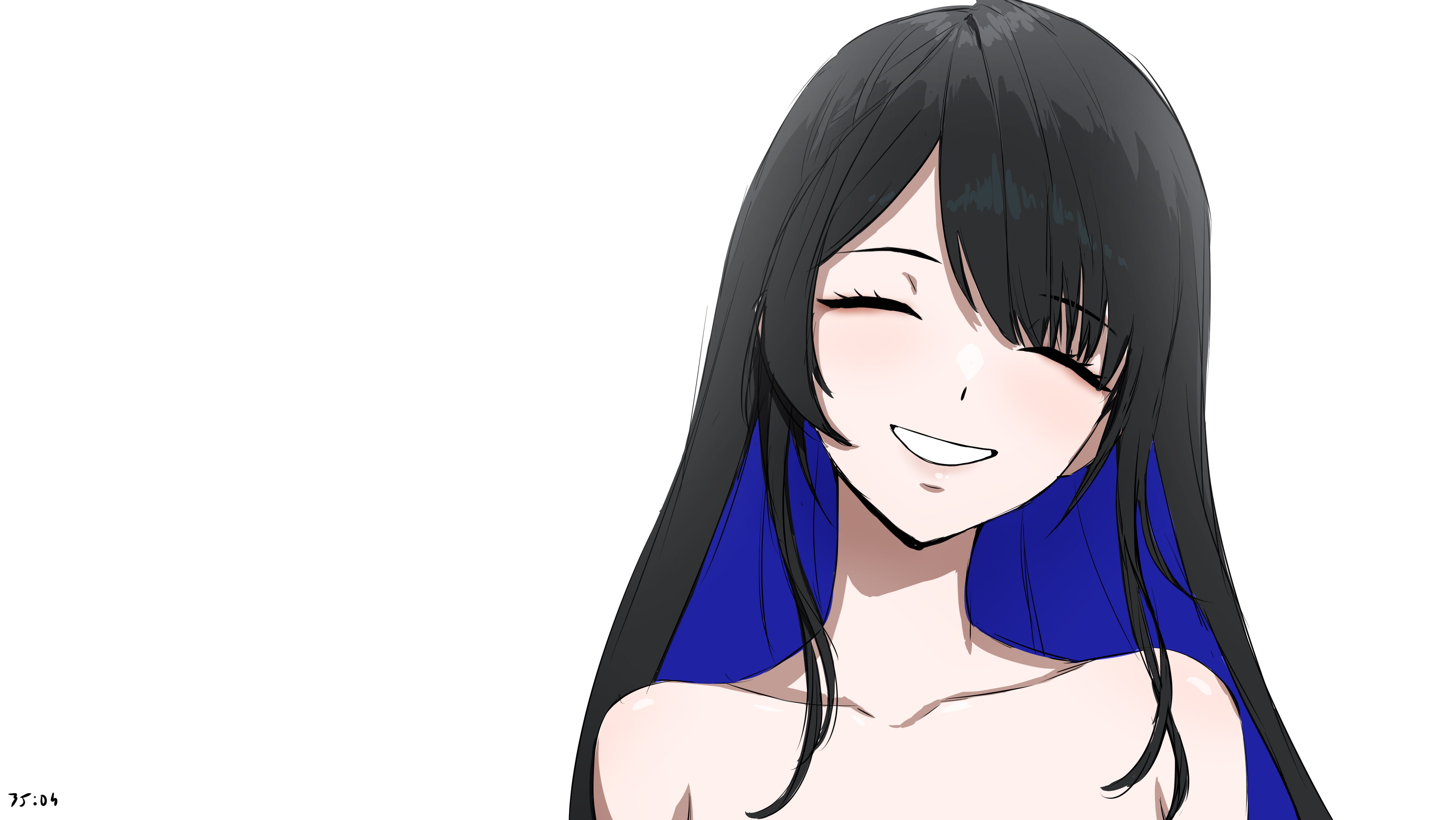 daydarion, nerissa ravencroft, hololive, hololive english, absurdres, commentary, english commentary, highres, 1girl, black hair, blue hair, closed eyes, colored inner hair, long hair, mole, mole under eye, multicolored hair, sidelocks, simple background, solo, virtual youtuber, white background