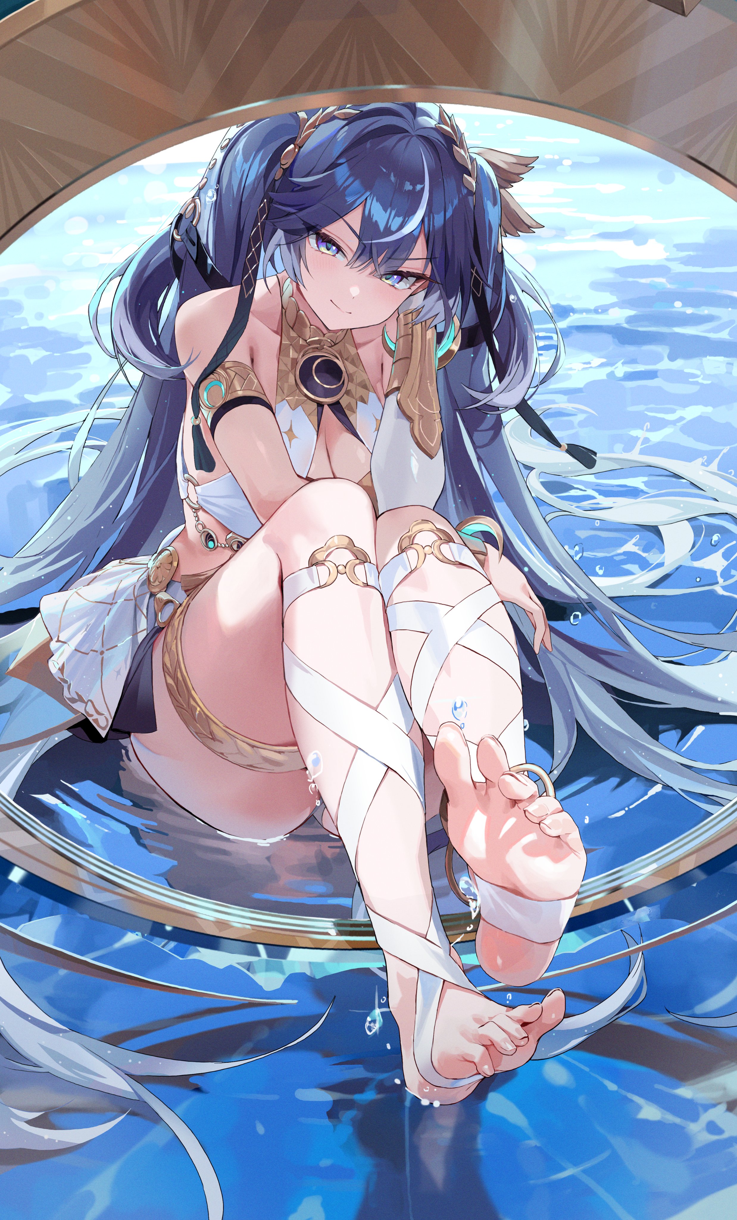 choyeon, iuno (wuthering waves), wuthering waves, absurdres, commentary, highres, 1girl, armlet, bare shoulders, barefoot, black skirt, blue eyes, blue hair, breasts, cleavage, closed mouth, feet, foot up, foreshortening, full body, hair belt, hand up, head wreath, jewelry, leg wrap, long hair, looking at viewer, medium breasts, miniskirt, multicolored hair, presenting foot, showgirl skirt, sitting, skirt, smile, soles, solo, spread toes, streaked hair, thighlet, thighs, toes, twintails, very long hair