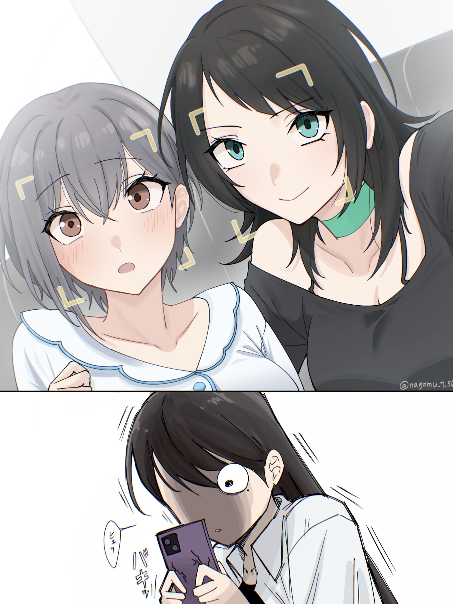 nagomu 7 56, shiina taki, takamatsu tomori, yahata umiri, bang dream!, bang dream! it's mygo!!!!!, commentary, highres, 3girls, aqua choker, black hair, black shirt, blue eyes, blush, breasts, brown eyes, cellphone, choker, cleavage, closed mouth, facial recognition, grey hair, hair between eyes, holding, holding phone, jacket, jealous, long hair, medium hair, mole, mole under eye, multiple girls, off-shoulder shirt, off shoulder, open mouth, phone, shirt, short hair, smartphone, white jacket, white shirt