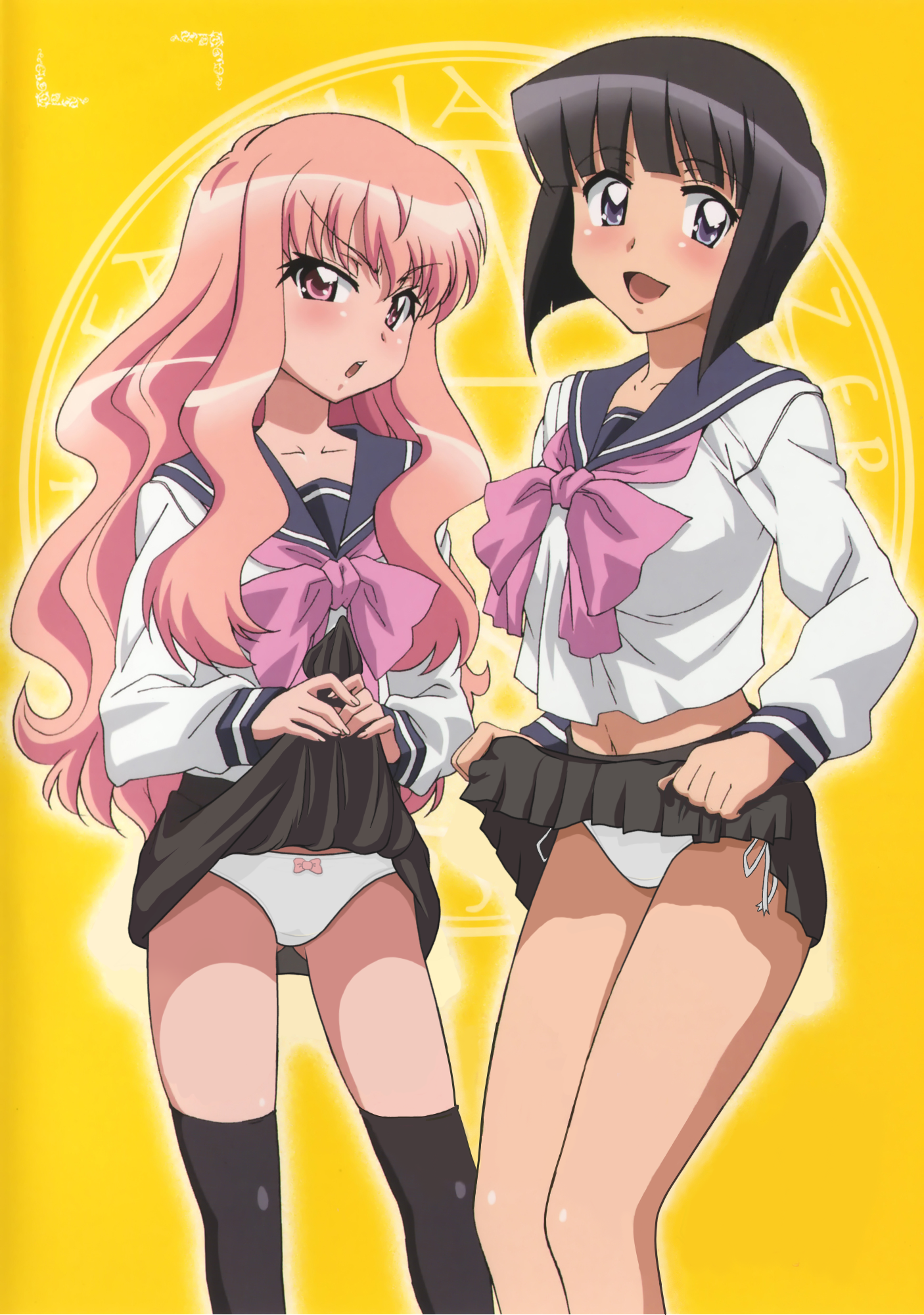 louise francoise le blanc de la valliere, siesta (zero no tsukaima), zero no tsukaima, artist request, highres, 00s, 2girls, clothes lift, curly hair, multiple girls, panties, pink hair, school uniform, skirt, skirt lift, underwear