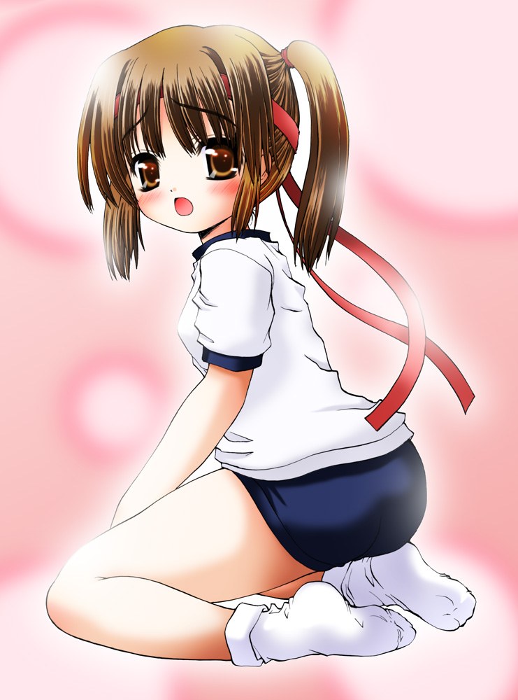 blush, brown hair, buruma, gym uniform, kneeling, loli, open mouth, ribbon, socks, twintails