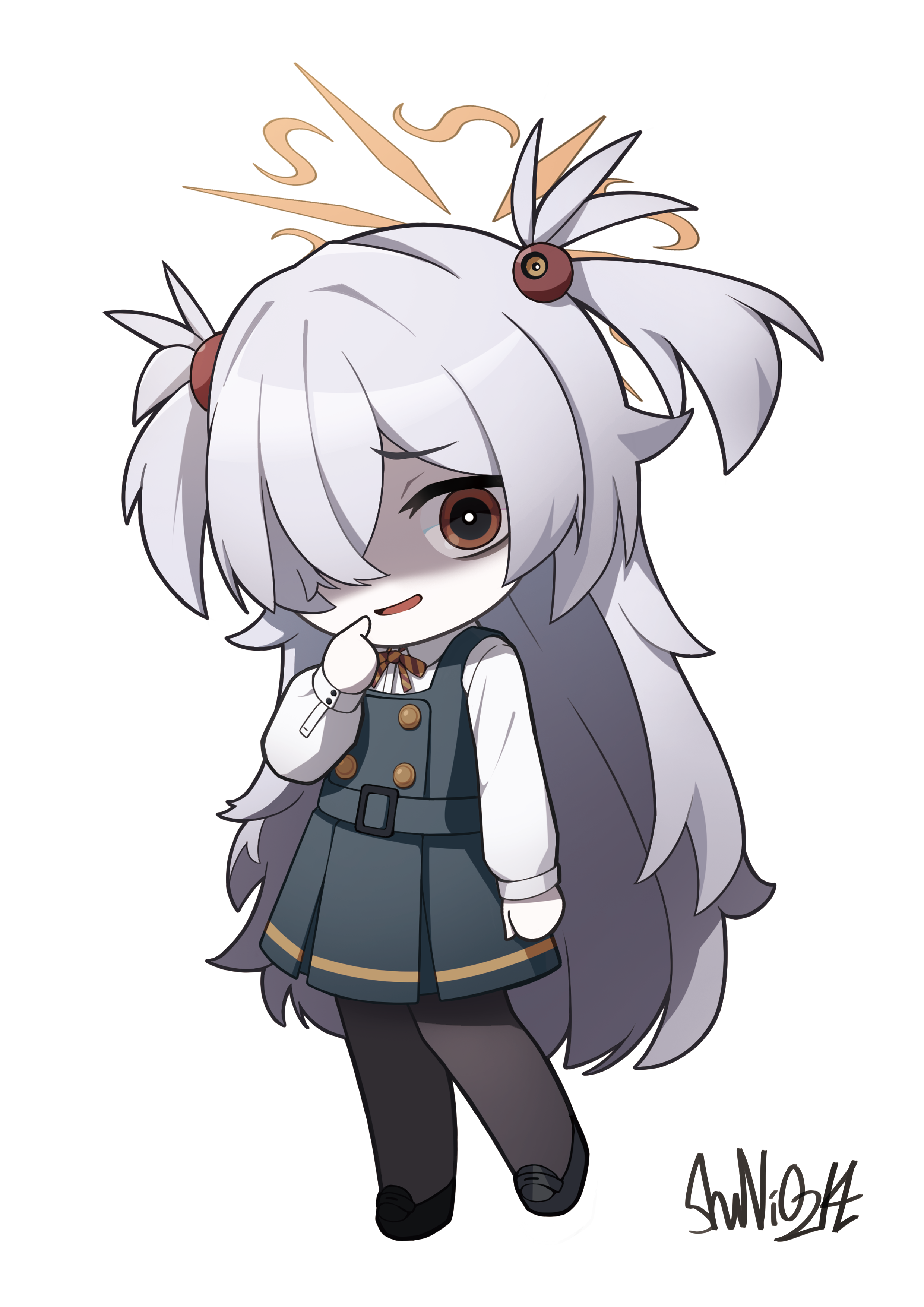 shuni valentine, kanoe (blue archive), blue archive, absurdres, commentary, highres, 1girl, bags under eyes, black pantyhose, black shoes, brown eyes, chibi, collared shirt, finger to mouth, full body, grey hair, grey skirt, grey vest, hair over one eye, halo, hand up, loafers, long hair, long sleeves, looking at viewer, pantyhose, parted lips, pleated skirt, puffy long sleeves, puffy sleeves, shaded face, shirt, shoes, signature, simple background, skirt, smile, solo, standing, standing on one leg, two side up, very long hair, vest, white background, white shirt