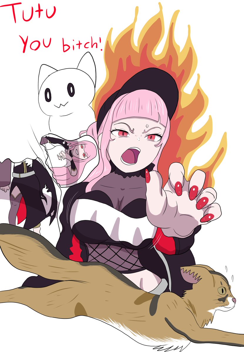 ghost cat (mori calliope), mori calliope, mori calliope (streetwear), hololive, hololive english, highres, 1girl, acrylic stand (object), anger vein, angry, c.s.terra11, fire, long hair, pink eyes, pink hair, tutu (mori calliope), virtual youtuber