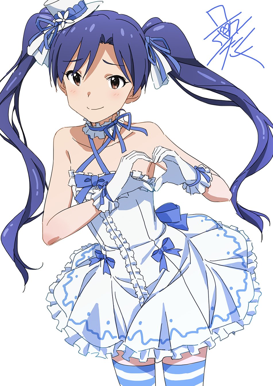 taku1122, kisaragi chihaya, idolmaster, idolmaster (classic), highres, 1girl, blue hair, brown eyes, choker, closed mouth, cowboy shot, dress, frilled choker, frills, gloves, hat, heart, heart hands, long hair, looking at viewer, mini hat, mini top hat, official alternate costume, official alternate hairstyle, simple background, smile, solo, standing, strapless, strapless dress, striped clothes, striped thighhighs, thighhighs, top hat, twintails, white background, white dress, white gloves, white hat