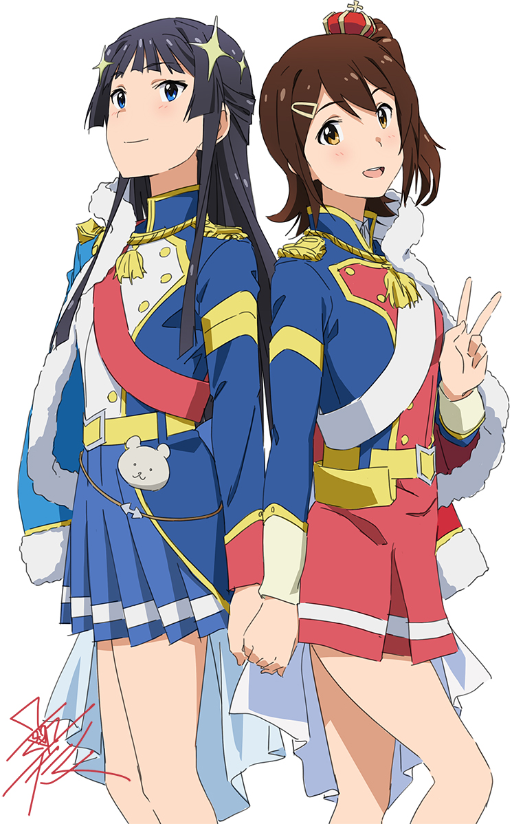 taku1122, aijou karen, kagura hikari, kasuga mirai, mogami shizuka, idolmaster, idolmaster million live!, shoujo kageki revue starlight, 2girls, aiguillette, aijou karen (cosplay), back-to-back, black hair, blue eyes, blue jacket, blue skirt, brown eyes, brown hair, closed mouth, cosplay, crown, epaulettes, hair ornament, hairclip, hand up, holding hands, jacket, kagura hikari (cosplay), long hair, long sleeves, looking at viewer, mini crown, multiple girls, one side up, open mouth, pleated skirt, red sash, red skirt, sash, short hair, shoulder sash, simple background, skirt, smile, standing, v, white background, white sash