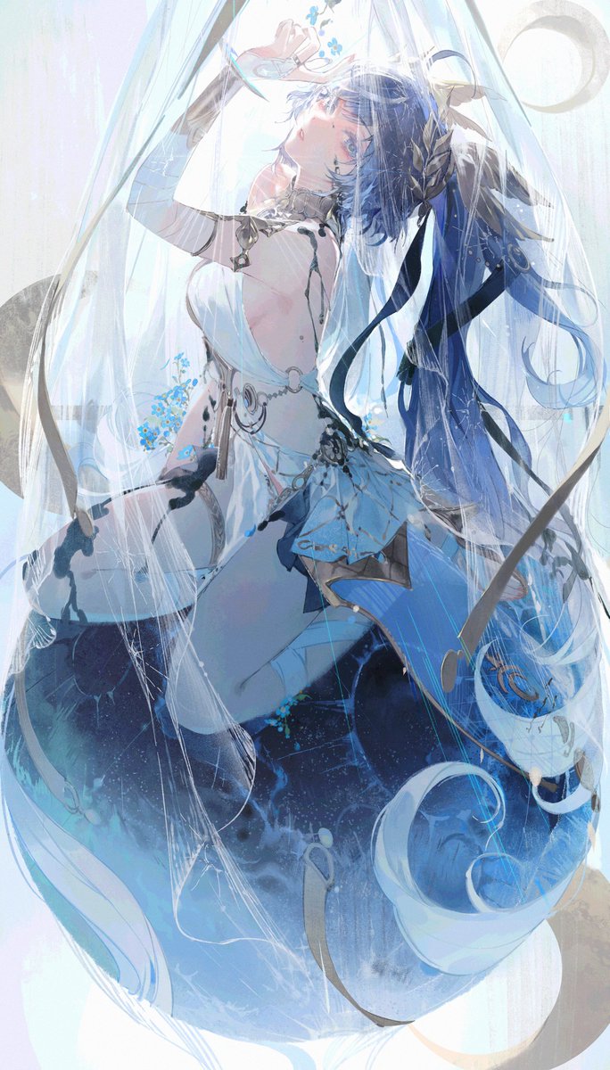 kurikabacha, iuno (wuthering waves), wuthering waves, commentary, highres, symbol-only commentary, 1girl, arm up, bare shoulders, black skirt, blue eyes, blue hair, breasts, bridal gauntlets, fingernails, hair belt, head wreath, jewelry, leg wrap, long hair, looking at viewer, medium breasts, parted lips, showgirl skirt, skirt, solo, squatting, thighlet, thighs, very long hair, white bridal gauntlets