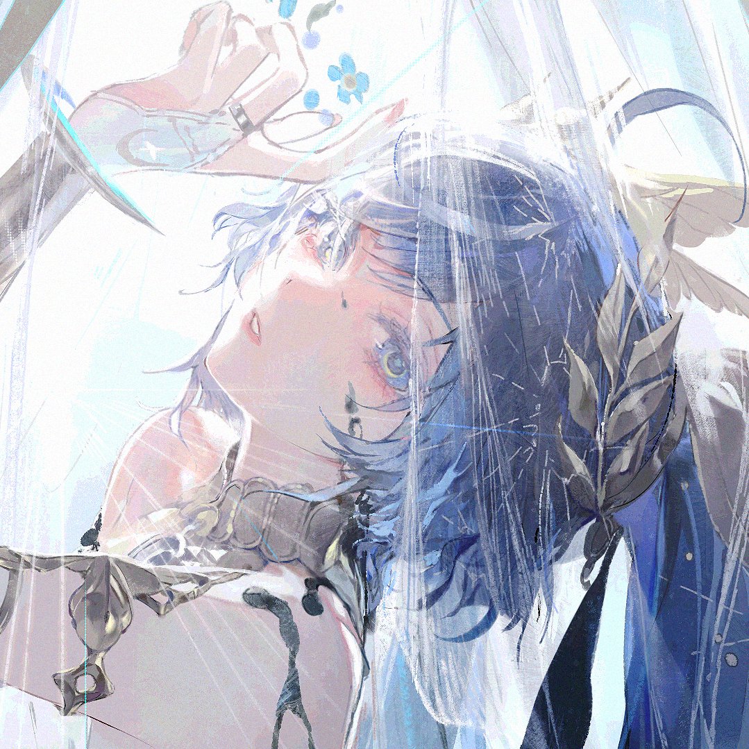 kurikabacha, iuno (wuthering waves), wuthering waves, commentary, symbol-only commentary, 1girl, arm up, bare shoulders, blue eyes, blue hair, bridal gauntlets, fingernails, head wreath, long hair, looking at viewer, parted lips, portrait, solo, white bridal gauntlets