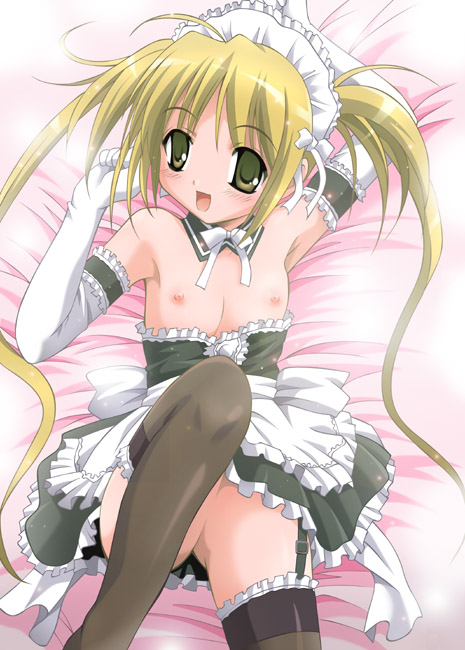 sawatari mitsuki, kore ga watashi no goshujin-sama, artist request, 00s, 1girl, apron, armpits, bare shoulders, blonde hair, blush, brown eyes, brown thighhighs, clothes pull, dot nose, dress pull, elbow gloves, female focus, flat chest, frilled thighhighs, frills, from above, garter straps, gloves, knee up, long hair, looking at viewer, lying, maid, maid headdress, nakabayashi yoshitaka's maid uniform, nipples, on back, open mouth, small nipples, smile, solo, thighhighs, twintails, waist apron, white apron, white gloves, yellow eyes