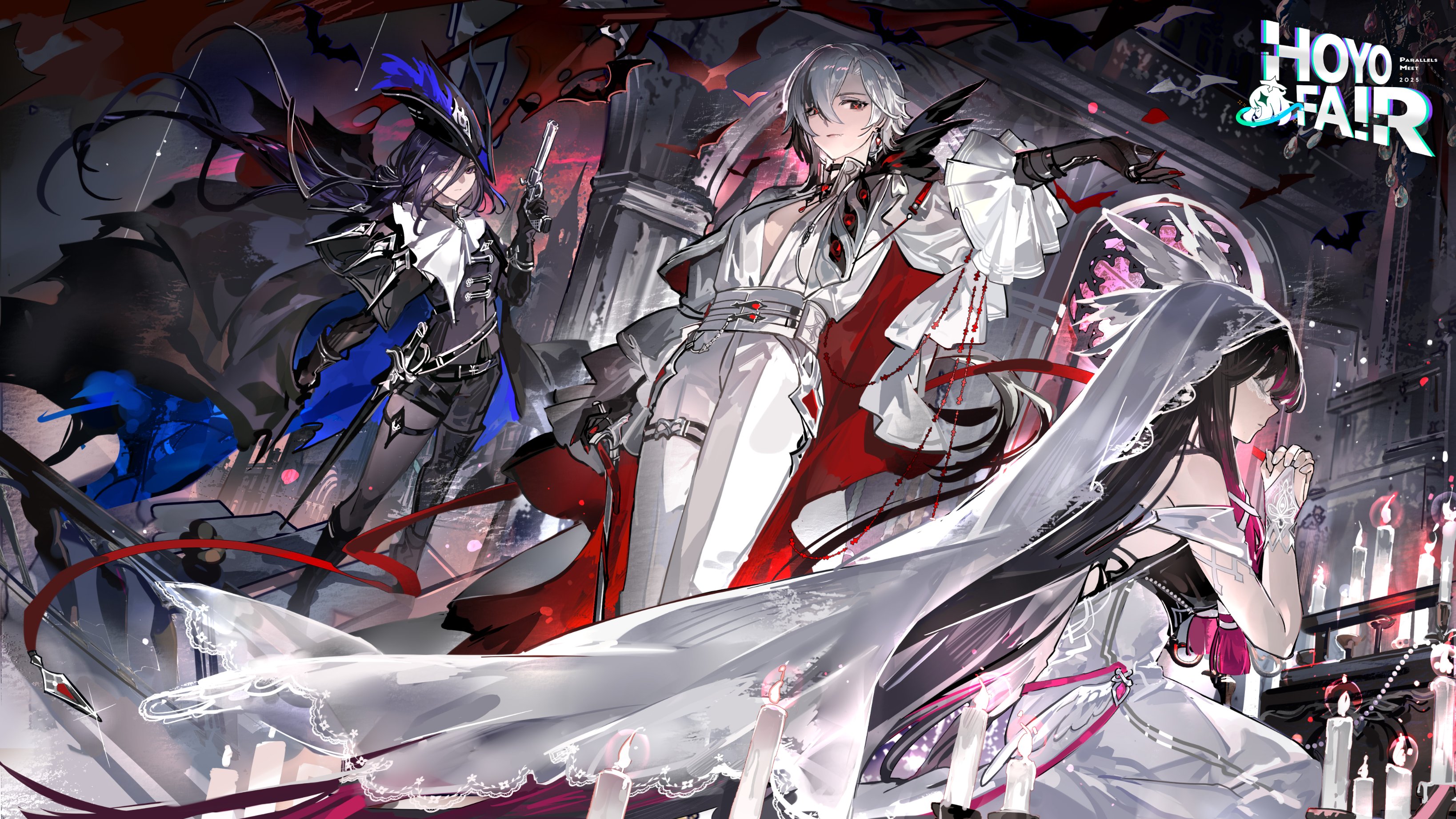 mento, arlecchino (genshin impact), clorinde (genshin impact), columbina (genshin impact), genshin impact, absurdres, highres, mixed-language commentary, second-party source, 3girls, alternate costume, black gloves, black hair, black pantyhose, closed eyes, closed mouth, gloves, green eyes, gun, holding, holding gun, holding weapon, long hair, long sleeves, looking at viewer, multiple girls, open clothes, open shirt, pants, pantyhose, shirt, weapon, white pants, white shirt