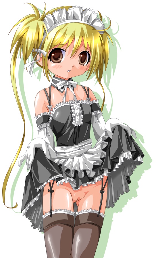 ktman, sawatari mitsuki, kore ga watashi no goshujin-sama, self exposure, 00s, 1girl, bare shoulders, blonde hair, blush, brown eyes, brown thighhighs, cleft of venus, clothes lift, cowboy shot, detached collar, dress, dress lift, elbow gloves, facing viewer, female focus, flat chest, frilled thighhighs, frills, garter belt, garter straps, gloves, legs together, lifting own clothes, lingerie, loli, long hair, looking at viewer, maid, maid headdress, nakabayashi yoshitaka's maid uniform, no bra, no panties, pussy, simple background, skirt, skirt lift, solo, standing, thigh gap, thighhighs, twintails, uncensored, underwear, white background, white gloves