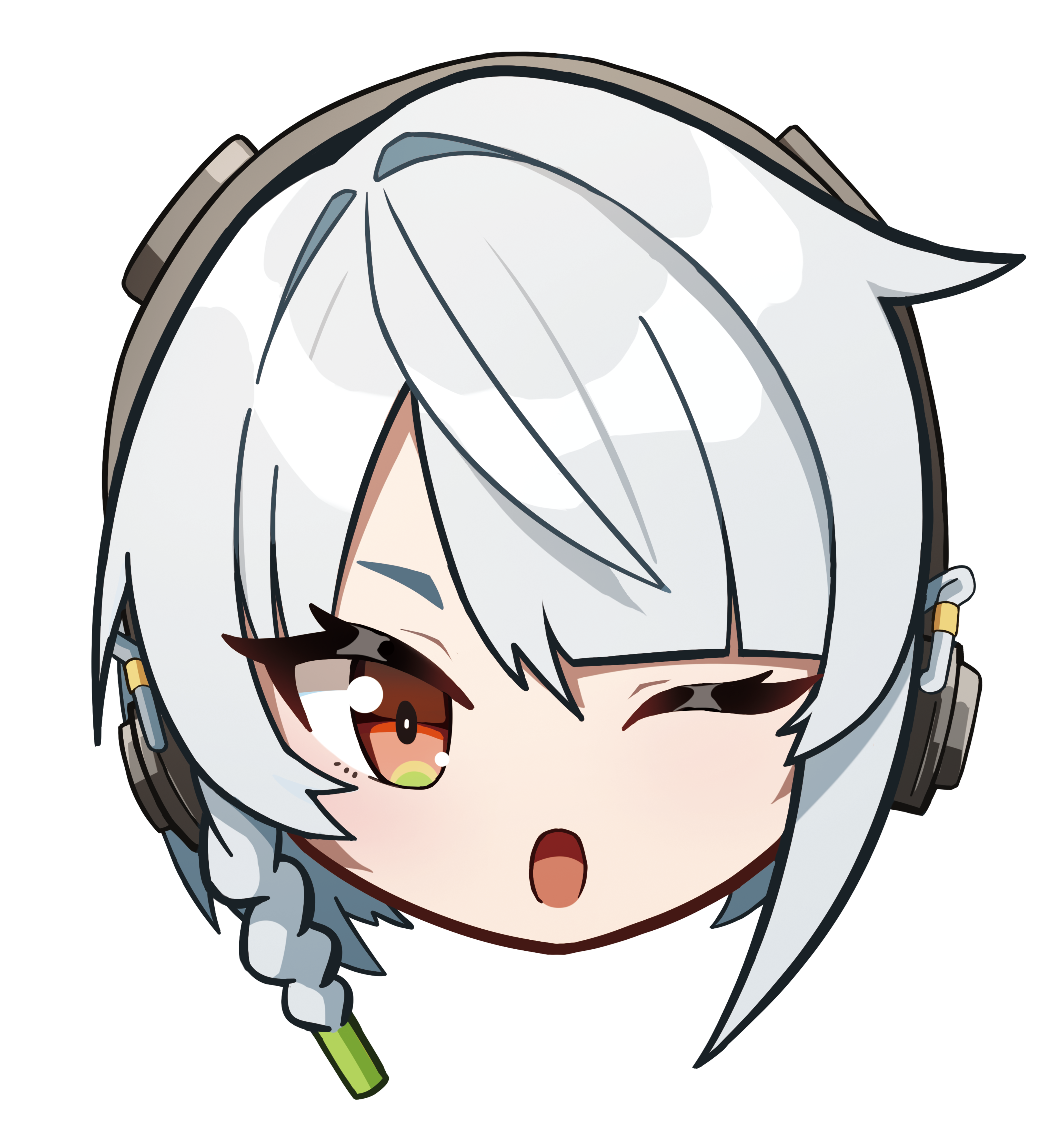 shuni valentine, anby demara, zenless zone zero, absurdres, commentary request, highres, 1girl, ;o, braid, chibi, grey hair, hair between eyes, head only, headphones, looking at viewer, one eye closed, parted lips, red eyes, short eyebrows, simple background, solo, thick eyebrows, white background