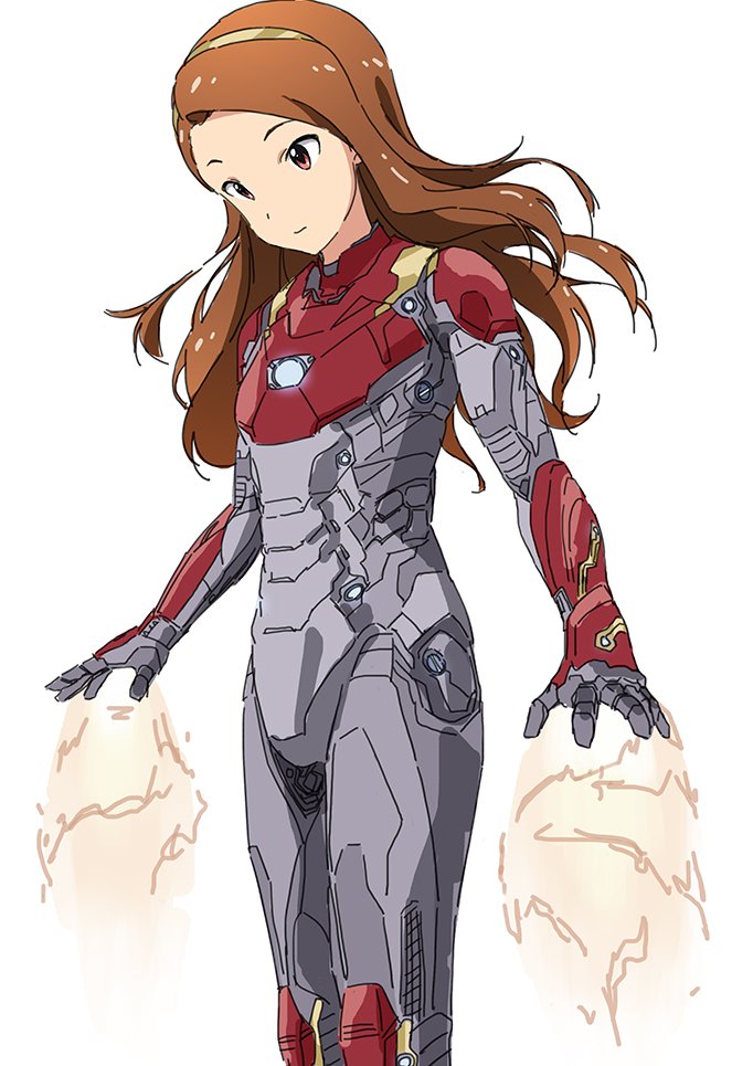 taku1122, iron man, minase iori, idolmaster, idolmaster (classic), iron man (series), marvel, commentary request, 1girl, armor, brown eyes, brown hair, closed mouth, cosplay, hairband, iron man (cosplay), long hair, power armor, simple background, solo, white background
