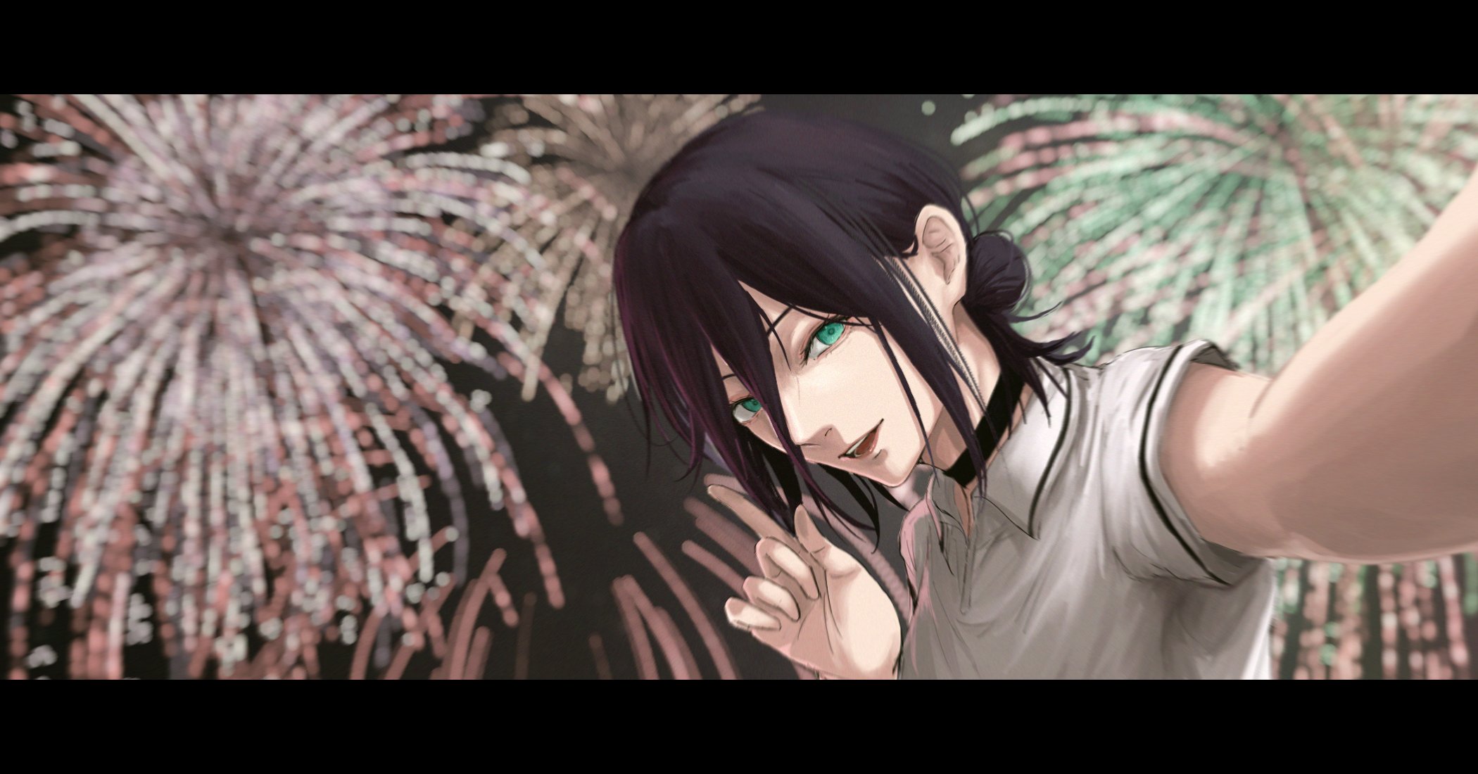 nabe92213, reze (chainsaw man), chainsaw man, highres, 1girl, aerial fireworks, black hair, fireworks, green eyes, hair between eyes, hair bun, night, open mouth, outdoors, polo shirt, reaching, reaching towards viewer, selfie, shirt, solo, white shirt