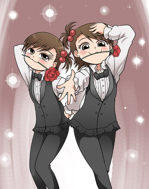 futami ami, futami mami, idolmaster, idolmaster (classic), 00s, 2girls, :3, bow, bowtie, dancing, eyelashes, flower, formal clothes, hair bobbles, hair ornament, lens flare, mouth hold, multiple girls, rose, siblings, sisters, twins, vest