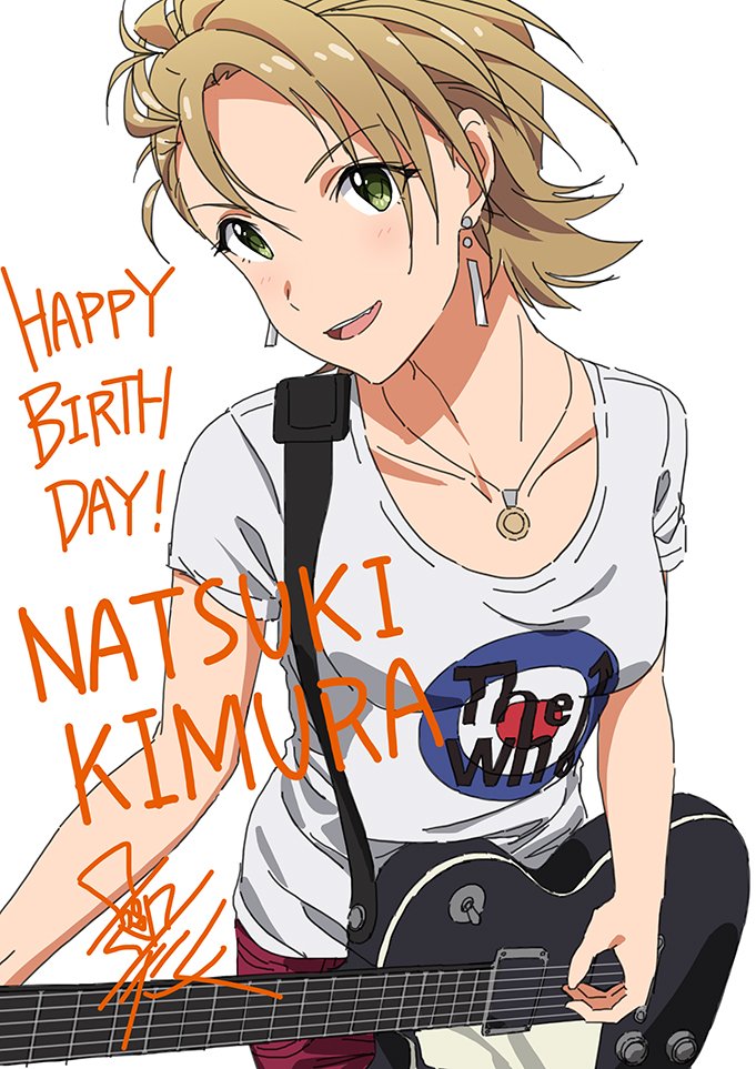 taku1122, kimura natsuki, idolmaster, idolmaster cinderella girls, the who, hashtag-only commentary, 1girl, band shirt, birthday, brown hair, character name, collarbone, earrings, electric guitar, green eyes, guitar, happy birthday, holding, holding guitar, holding instrument, instrument, jewelry, looking at viewer, merchandise, necklace, open mouth, shirt, short hair, short sleeves, signature, simple background, smile, solo, white background, white shirt
