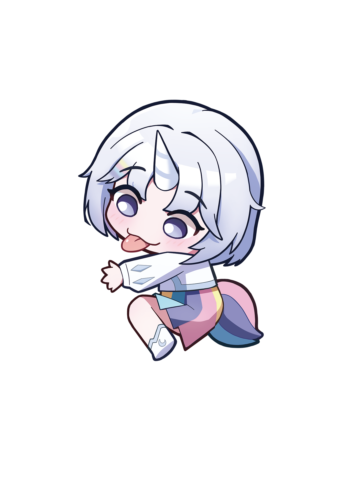 shuni valentine, ayatsuno yuni, stellive, highres, 1girl, blush, chibi, crescent, grey eyes, grey hair, horns, horse tail, jacket, long sleeves, multicolored skirt, puffy long sleeves, puffy sleeves, shoes, single horn, skirt, solo, tail, tongue, tongue out, transparent background, unicorn girl, unicorn horn, virtual youtuber, white jacket, white shoes