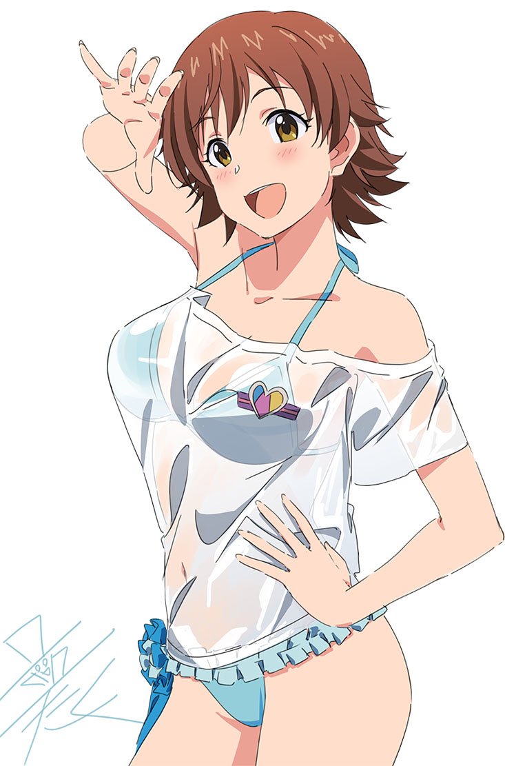 taku1122, honda mio, idolmaster, idolmaster cinderella girls, 1girl, arm up, bikini, blue bikini, blush, breasts, brown eyes, brown hair, cowboy shot, hand on own hip, looking at viewer, open mouth, see-through clothes, see-through shirt, shirt, short hair, signature, simple background, smile, solo, standing, swimsuit, teeth, upper teeth only, wet, wet clothes, wet shirt, white background, white shirt