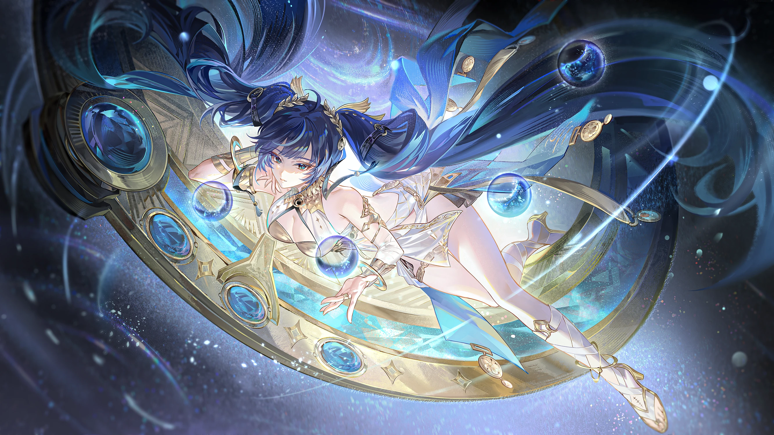 yinzinmiemie, iuno (wuthering waves), wuthering waves, highres, 1girl, ancient greek clothes, armlet, bare shoulders, black skirt, blue eyes, blue hair, breasts, cleavage, closed mouth, floating hair, gladiator sandals, gold bra, greco-roman clothes, hair belt, head rest, head wreath, jewelry, long hair, medium breasts, miniskirt, missing commentary, orb, sandals, showgirl skirt, skirt, smile, solo, tacet mark (wuthering waves), thighlet, thighs, twintails, very long hair
