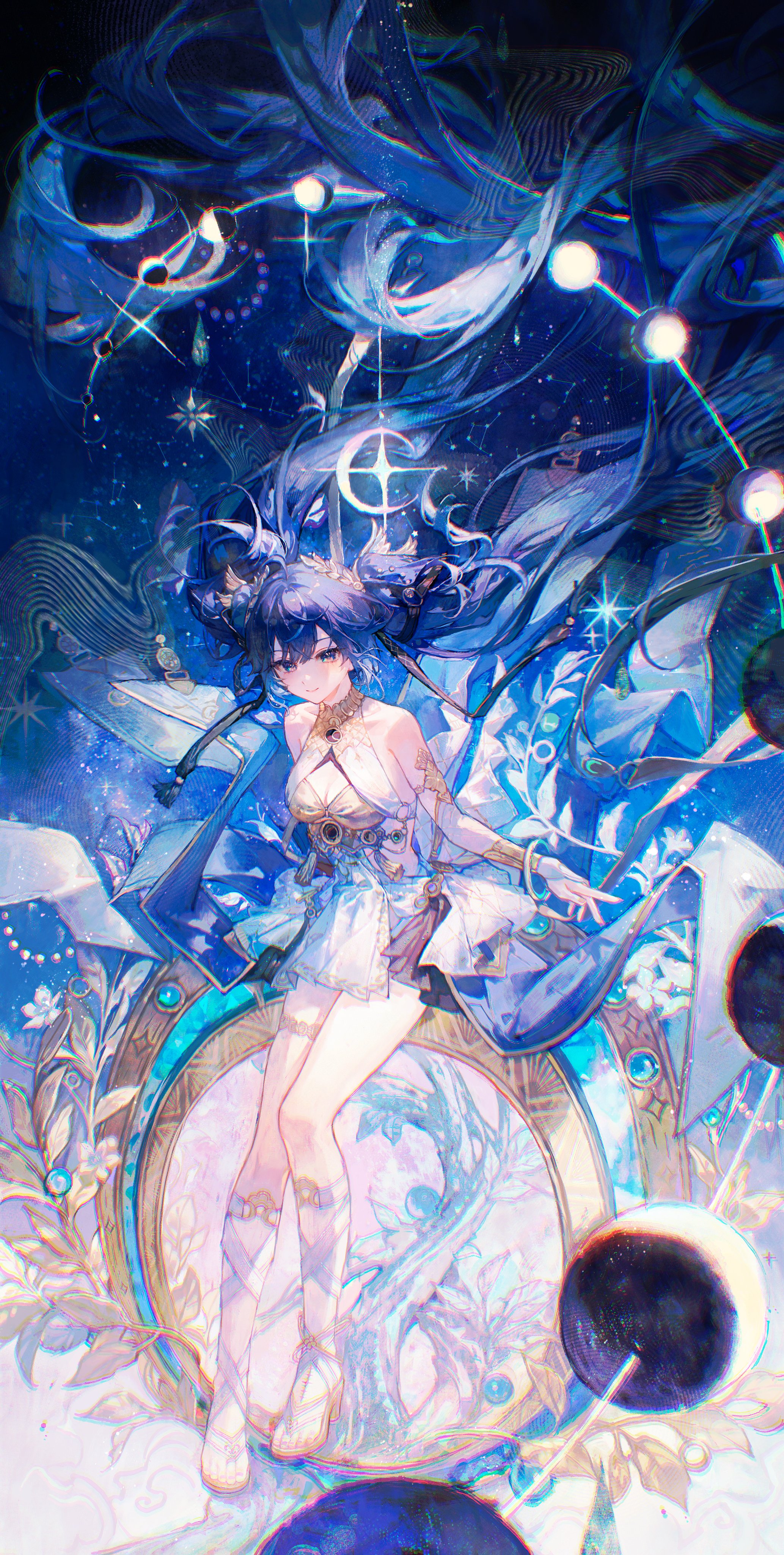 maccha (mochancc), iuno (wuthering waves), wuthering waves, absurdres, commentary, highres, symbol-only commentary, 1girl, ancient greek clothes, armlet, bare shoulders, black skirt, blue eyes, blue hair, breasts, cleavage, closed mouth, full body, gladiator sandals, gold bra, greco-roman clothes, hair belt, head wreath, jewelry, long hair, looking at viewer, medium breasts, miniskirt, sandals, skirt, smile, solo, tacet mark (wuthering waves), thighlet, thighs, twintails, very long hair