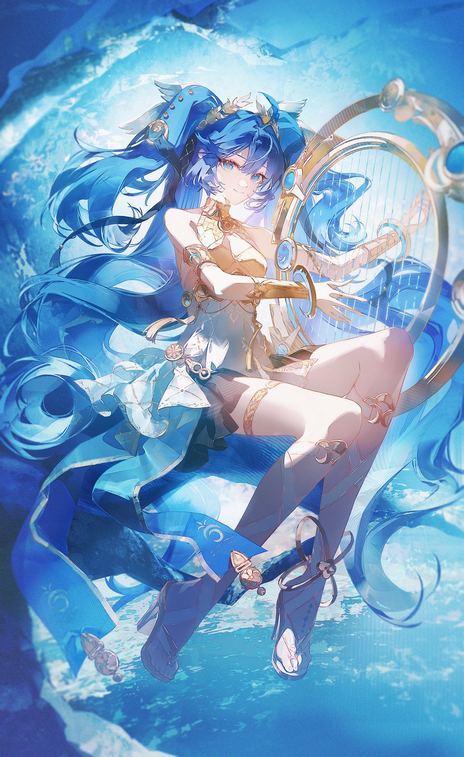 satsuya, iuno (wuthering waves), wuthering waves, absurdres, commentary, hashtag-only commentary, highres, 1girl, ancient greek clothes, armlet, bare shoulders, black skirt, blue eyes, blue hair, breasts, cleavage, closed mouth, full body, gladiator sandals, gold bra, greco-roman clothes, hair belt, head wreath, jewelry, long hair, looking at viewer, medium breasts, miniskirt, sandals, skirt, smile, solo, tacet mark (wuthering waves), thighlet, toes, very long hair
