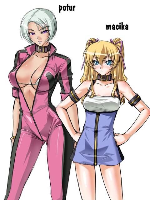 kagami hirotaka, macika, potur, emina&aki, original, silver hair, 2girls, armpits, arms at sides, bikini, bikini top only, bikini under clothes, blonde hair, blue eyes, bodysuit, breasts, center opening, character name, choker, cleavage, dark-skinned female, dark skin, green hair, hair between eyes, hands on own hips, high collar, large breasts, legs apart, micro bikini, mole, mole under eye, multiple girls, parted bangs, purple eyes, side-by-side, sideboob, simple background, sleeves rolled up, standing, swept bangs, swimsuit, unzipped, white background, white bikini