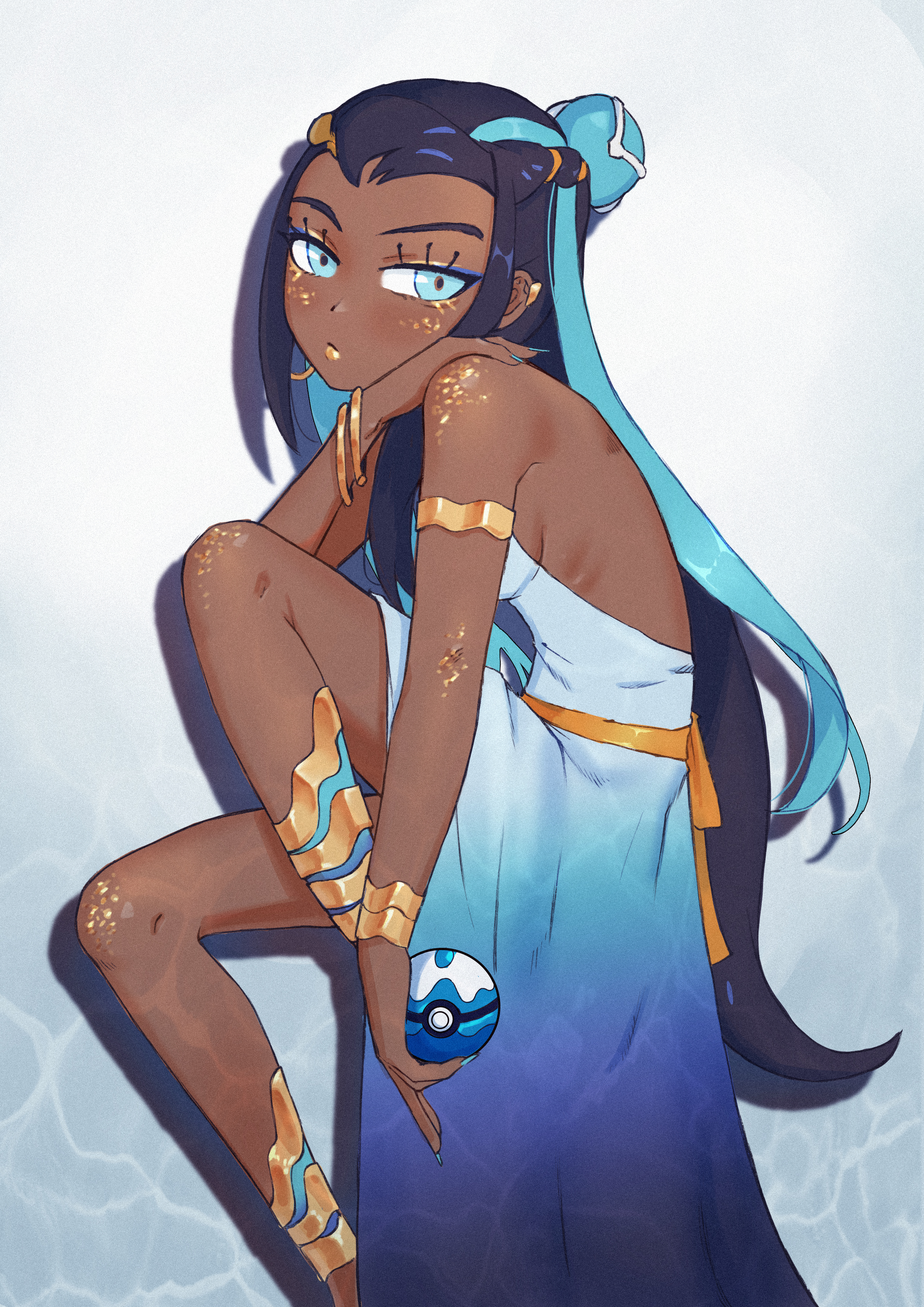 bing huyue, nessa (pokemon), nintendo, pokemon, pokemon swsh, absurdres, commentary, highres, 1girl, alternate costume, armlet, black hair, blue eyes, blue eyeshadow, bracelet, closed mouth, dark-skinned female, dark skin, dive ball, earclip, eyeshadow, from side, hair bun, holding, holding poke ball, jewelry, knees, lipstick, long hair, looking at viewer, looking to the side, makeup, multicolored hair, poke ball, single hair bun, solo, two-tone hair