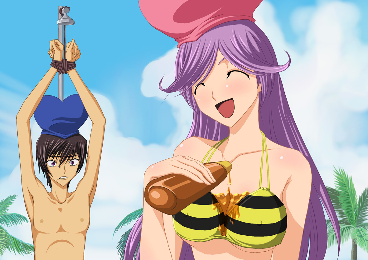 drawfag, lelouch vi britannia, meeya hillmick, 4chan, code geass, third-party edit, 00s, 1boy, 1girl, arms up, bdsm, bikini, bondage, bound, breasts, bust cup, day, hat, honey, medium breasts, nipples, striped bikini, striped clothes, swimsuit