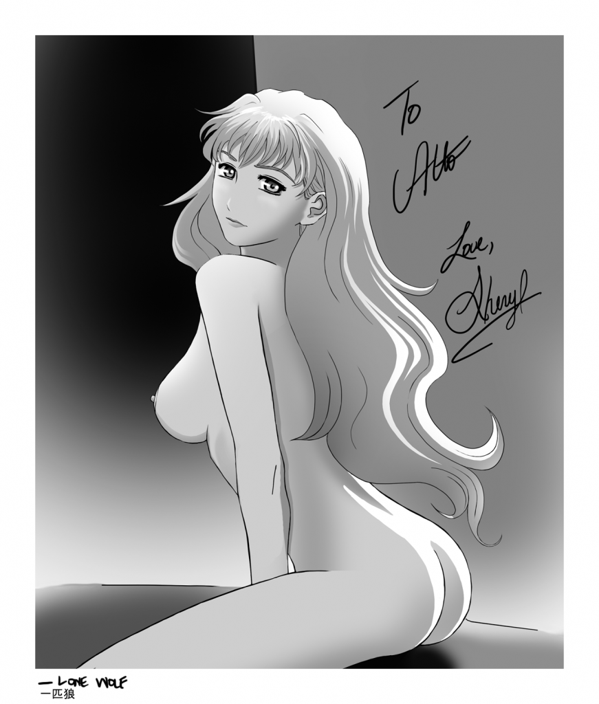lone wolf, sheryl nome, macross, macross frontier, 00s, 1girl, ass, breasts, female focus, greyscale, large breasts, long hair, monochrome, nipples, nude, solo