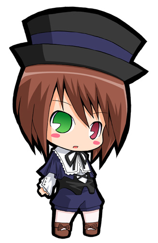 suntail, souseiseki, rozen maiden, lowres, non-web source, 00s, chibi, crossdressing, frills, hat, heterochromia, pac-man eyes, pantyhose, solo, top hat