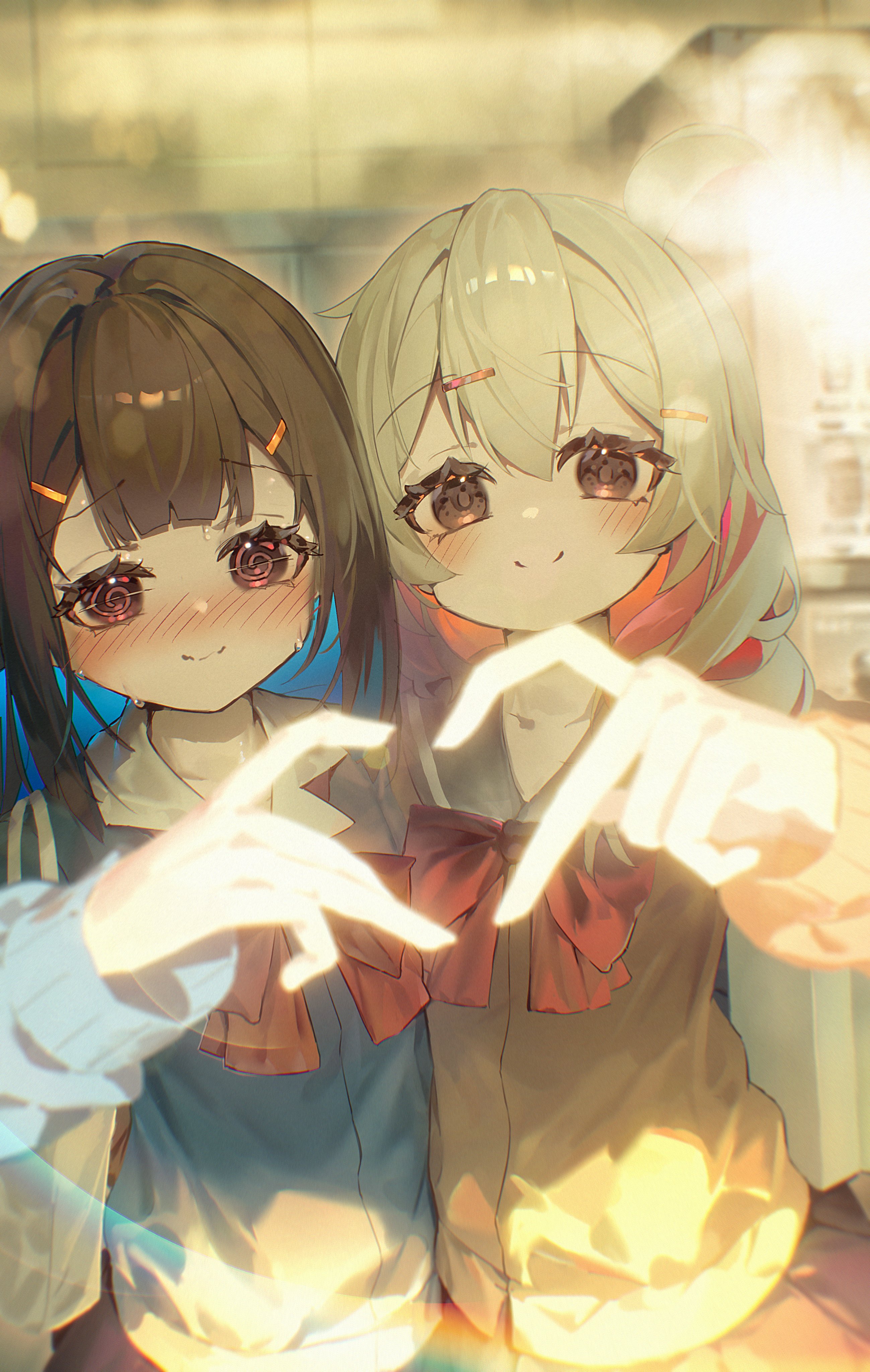 ap04astral, hozuki momiji, oyama mahiro, onii-chan wa oshimai!, absurdres, highres, 2girls, @ @, blue hair, blunt bangs, blush, bow, bowtie, brown eyes, brown hair, colored inner hair, grey hair, hair between eyes, hair ornament, hairclip, heart, heart hands, heart hands duo, long hair, long sleeves, looking at viewer, multicolored hair, multiple girls, nose blush, red bow, red bowtie, red hair, sailor collar, school uniform, smile, sweat, two-tone hair, upper body, wavy mouth