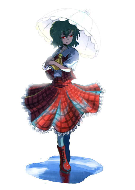hyuuga azuri, kazami yuuka, touhou, 1girl, ascot, boots, female focus, full body, glowing, glowing eyes, green hair, light smile, parasol, plaid clothes, plaid skirt, plaid vest, puddle, red eyes, shade, short hair, skirt, skirt set, solo, umbrella, vest, walking, white background