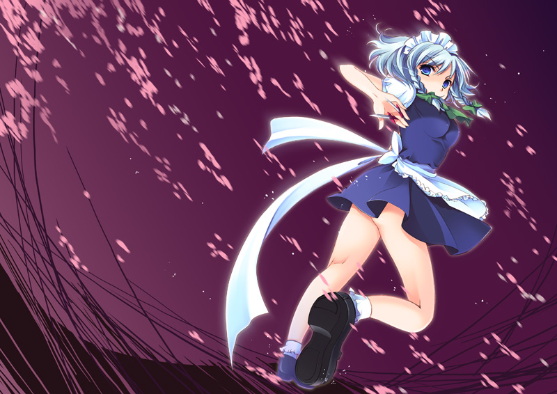 tanabe, izayoi sakuya, touhou, silver hair, 1girl, braid, female focus, short hair, solo, twin braids