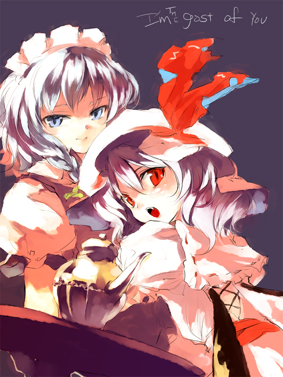 mo, shunsei (muratou), izayoi sakuya, remilia scarlet, touhou, silver hair, 2girls, :o, blue dress, braid, dress, english text, engrish text, female focus, frills, looking at viewer, maid headdress, multiple girls, open mouth, pointy ears, puffy short sleeves, puffy sleeves, ranguage, red eyes, short hair, short sleeves, twin braids, white dress