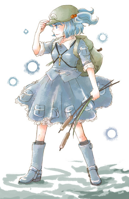 nikoro, kawashiro nitori, touhou, 1girl, backpack, bag, blue hair, boots, cattail, female focus, full body, hat, plant, randoseru, skirt, solo, two side up, white background