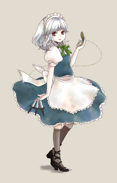 nikoro, izayoi sakuya, touhou, silver hair, 1girl, between fingers, braid, female focus, holding, knife, short hair, solo, throwing knife, twin braids, weapon