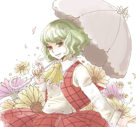 nikoro, kazami yuuka, touhou, lowres, 1girl, ascot, female focus, flower, green hair, head tilt, lips, parasol, petals, plaid clothes, plaid skirt, plaid vest, red eyes, short hair, skirt, skirt set, smile, solo, sunflower, umbrella, vest, white background