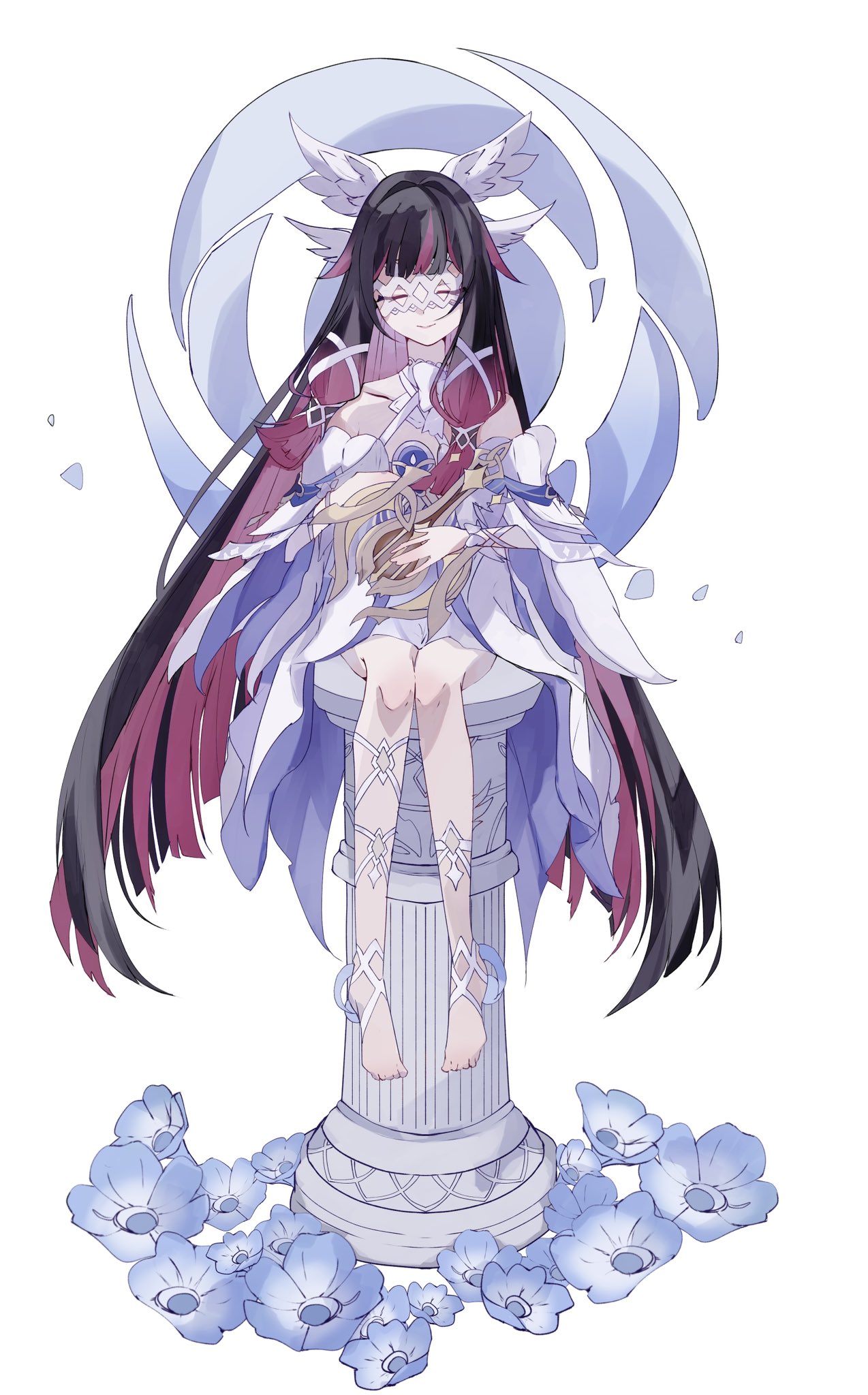 kikinonono, columbina (genshin impact), genshin impact, highres, 1girl, bare shoulders, barefoot, black hair, closed eyes, closed mouth, column, detached sleeves, dress, eye mask, facing viewer, flower, full body, harp, holding, holding instrument, instrument, long hair, multicolored hair, pillar, red hair, sitting, smile, solo, very long hair, white dress
