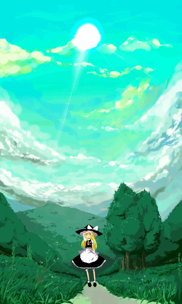 neki-t, kirisame marisa, touhou, 1girl, black hat, blonde hair, cloud, day, female focus, forest, hat, nature, outdoors, plant, scenery, sky, solo