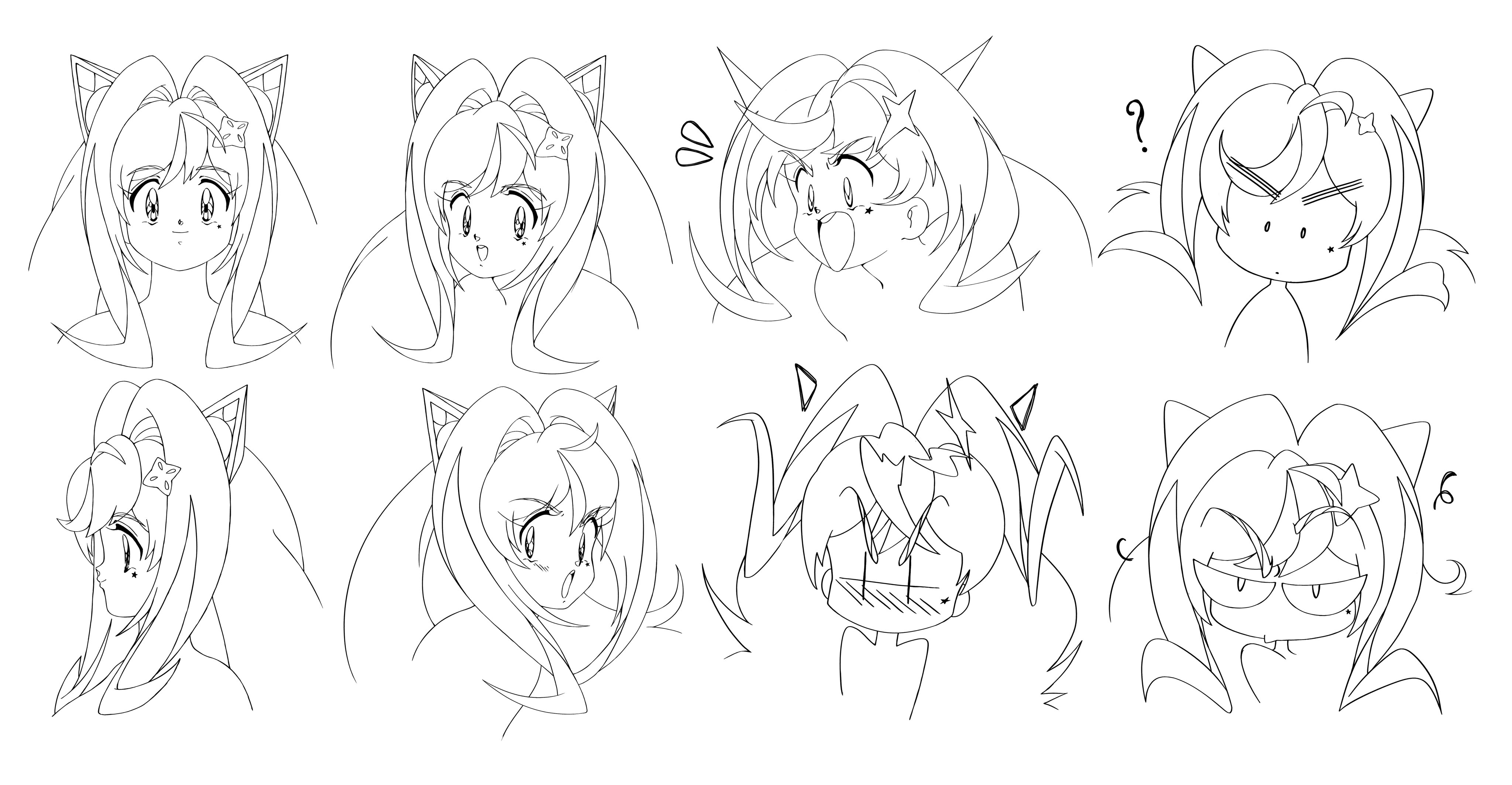 bisouhime, aishii ai, animal ears, cat ears, colorless, confused, cropped shoulders, fake animal ears, flustered, flying sweatdrops, multiple expressions, multiple views, open mouth, retro artstyle, virtual youtuber