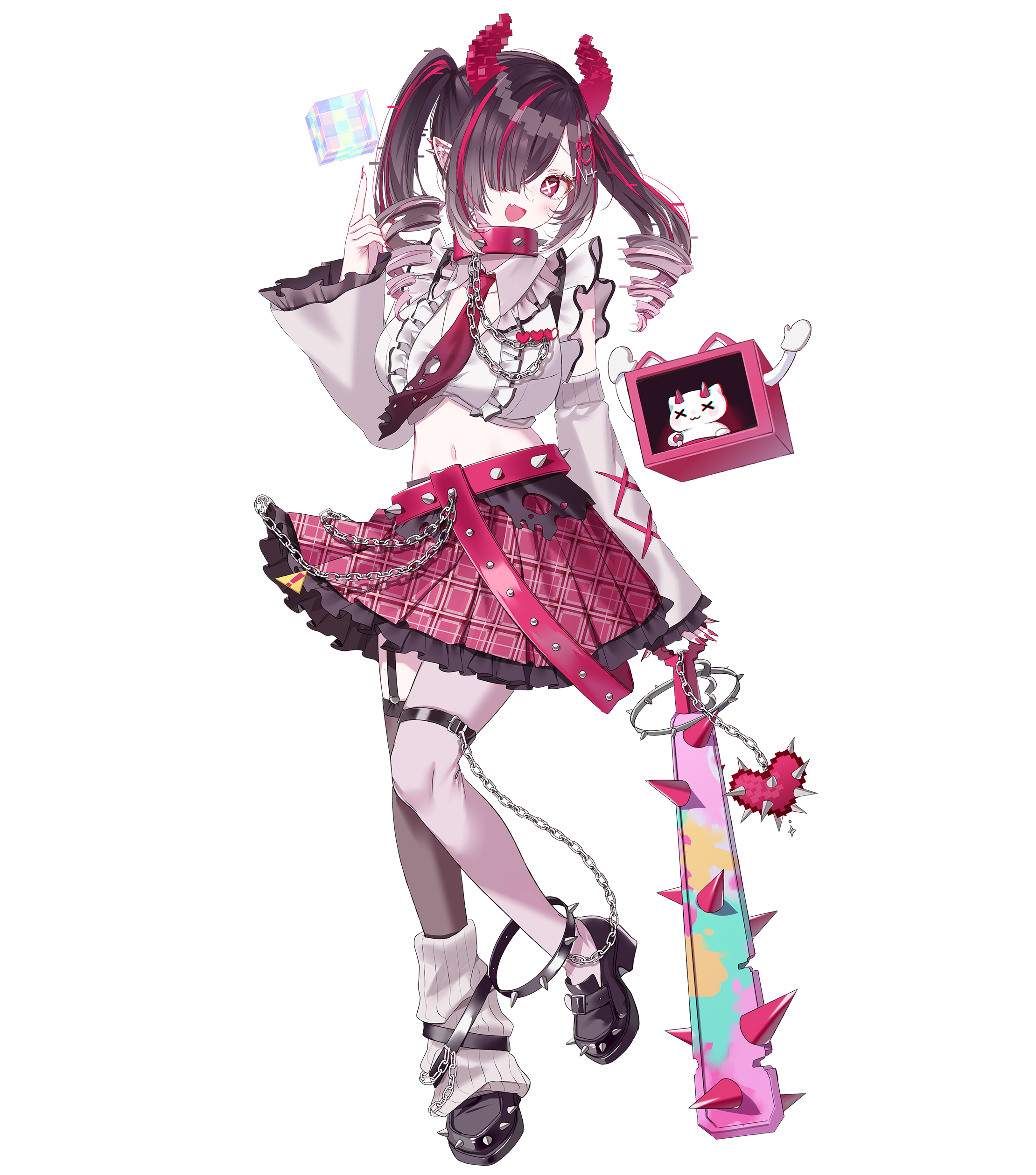 misumi (macaroni), specialite (company), absurdres, highres, official art, 1girl, :d, belt, black shoes, black thighhighs, breasts, brown hair, center frills, chain, cube, detached sleeves, drill hair, frilled skirt, frills, full body, garter straps, gradient necktie, hair ornament, hair over one eye, heart, heart hair ornament, leg warmers, long sleeves, looking at viewer, medium hair, multicolored hair, navel, necktie, onino meru, open mouth, pink hair, plaid clothes, plaid skirt, pointy ears, red belt, red eyes, red hair, red necktie, shoes, simple background, single garter strap, single leg warmer, single thighhigh, skirt, smile, solo, spiked bat, spiked belt, spiked shoes, spikes, stomach, streaked hair, thigh strap, thighhighs, torn clothes, torn necktie, transparent background, twin drills, twintails, virtual youtuber, white leg warmers, white sleeves