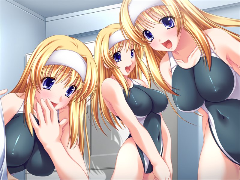 ishii akira, uchiki medaka, suisui -sweetheart swimmer-, game cg, non-web source, 3girls, bad anatomy, blonde hair, blue eyes, blush, breasts, competition swimsuit, covered erect nipples, covering own mouth, grey one-piece swimsuit, hairband, hand over mouth, hand over own mouth, happy, huge breasts, impossible clothes, impossible swimsuit, large breasts, leaning forward, long hair, multiple girls, navel, one-piece swimsuit, open mouth, skin tight, smile, standing, swimsuit, take your pick, triplets