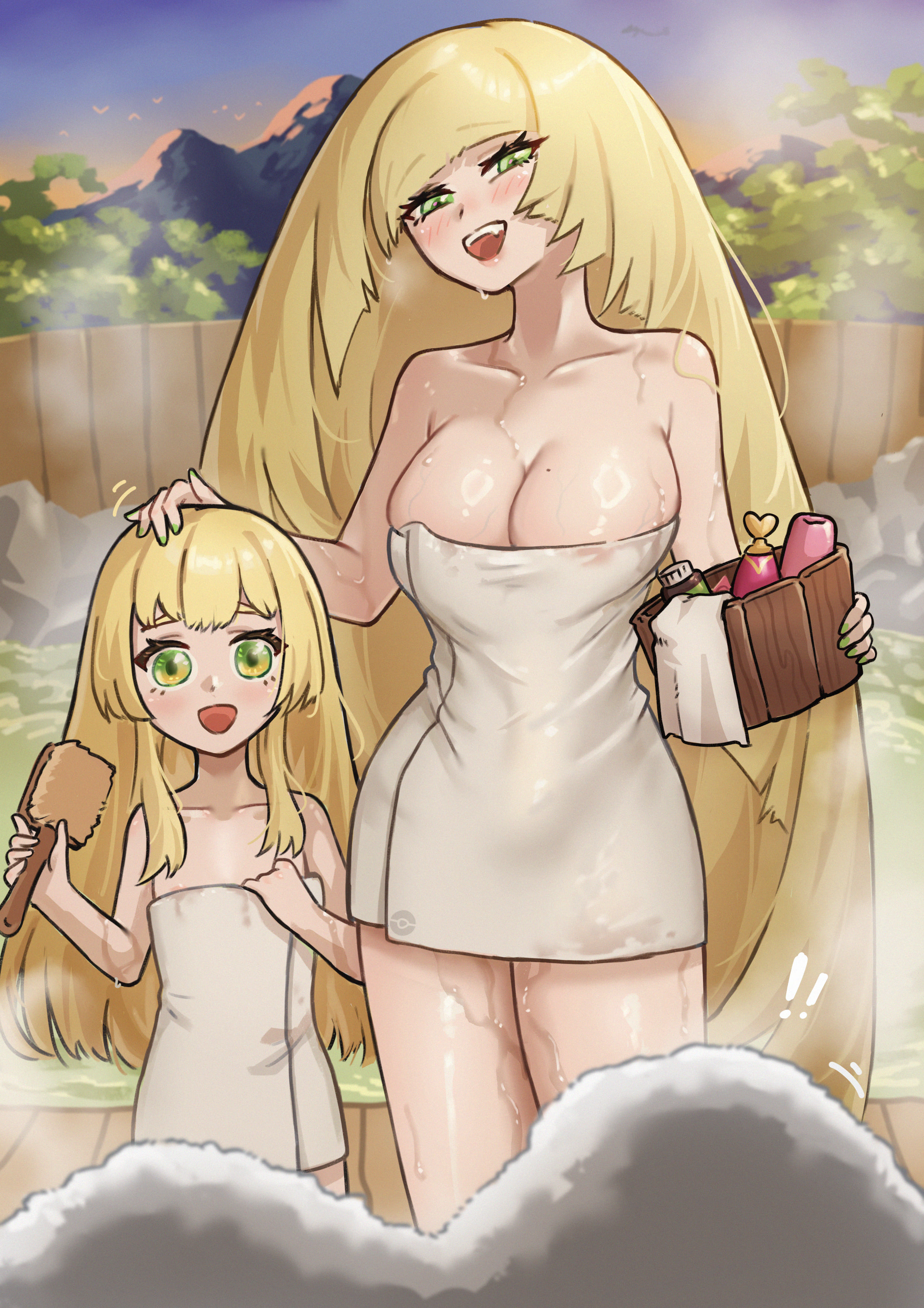 bing huyue, lillie (pokemon), lusamine (pokemon), nintendo, pokemon, pokemon sm, absurdres, commentary, highres, !, !!, 2girls, :d, alternate breast size (larger), blonde hair, breasts, collarbone, eyelashes, fence, green eyes, hand on another's head, happy, holding, holding brush, long hair, looking at viewer, mother and daughter, multiple girls, naked towel, onsen, open mouth, outdoors, sky, smile, steam, teeth, towel, upper teeth only