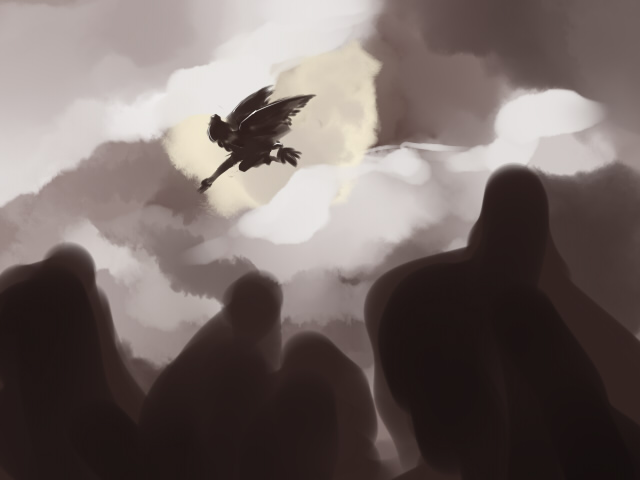 miya9, shameimaru aya, touhou, 1girl, female focus, from below, jumping, monochrome, silhouette, sky, solo