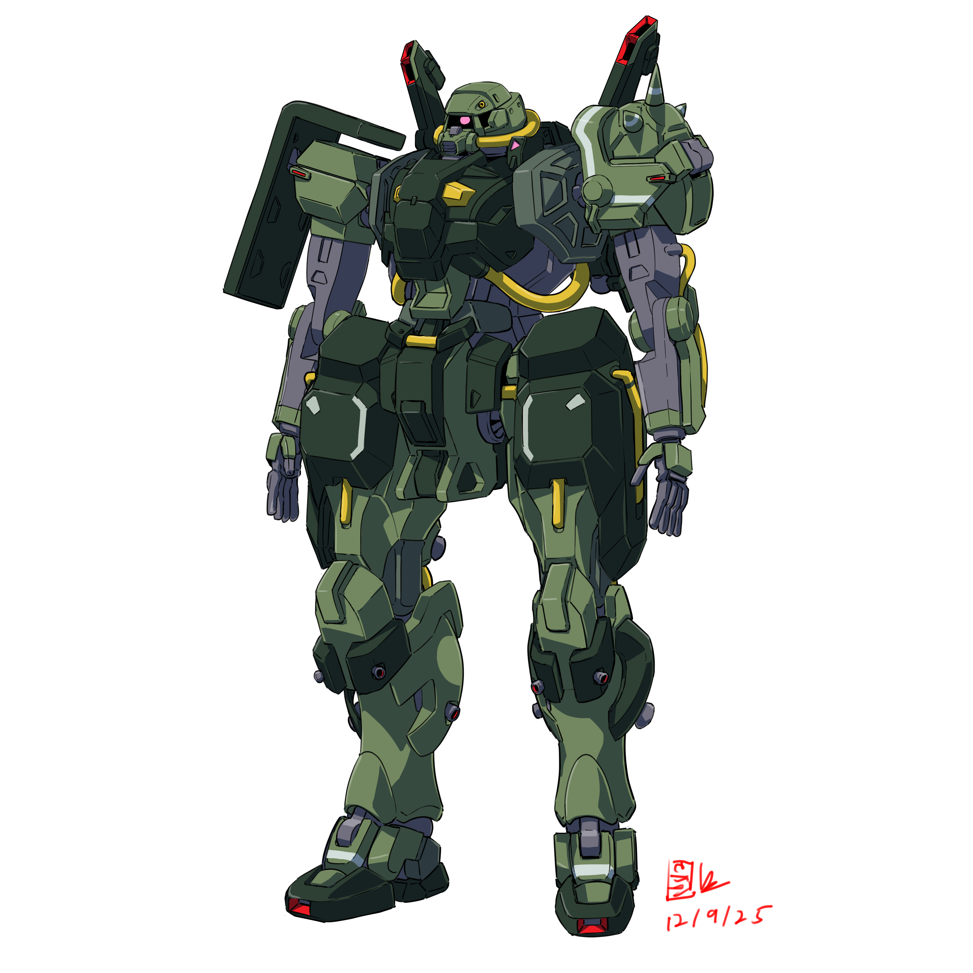 pravin rao santheran, hizack, gundam, gundam gquuuuuux, original, zeta gundam, absurdres, highres, 2025, cable, crossover, dated, machinery, mecha, mecha focus, mobile suit, no humans, one-eyed, realistic, redesign, robot, science fiction, signature, titans (gundam), white background, yamashita ikuto (style)