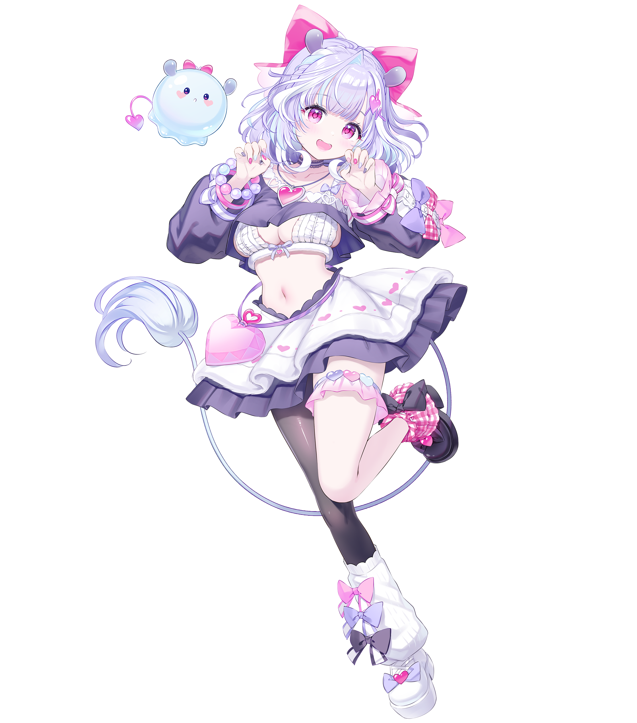 kimishima ao, specialite (company), absurdres, highres, official art, 1girl, :d, asymmetrical footwear, black bow, black pantyhose, black shoes, blue hair, blush, bow, breasts, choker, fangs, footwear bow, full body, grey nails, hair bow, heart, heart-shaped pupils, heart necklace, jewelry, leg up, leg warmers, looking at viewer, mismatched footwear, multicolored hair, multicolored nails, navel, necklace, open mouth, pantyhose, pink bow, pink eyes, pink nails, purple bow, purple choker, purple hair, purple nails, purple skirt, shoes, simple background, single leg pantyhose, single leg warmer, skirt, smile, solo, streaked hair, symbol-shaped pupils, tail, transparent background, white hair, white leg warmers, white shoes, yumemi mumu