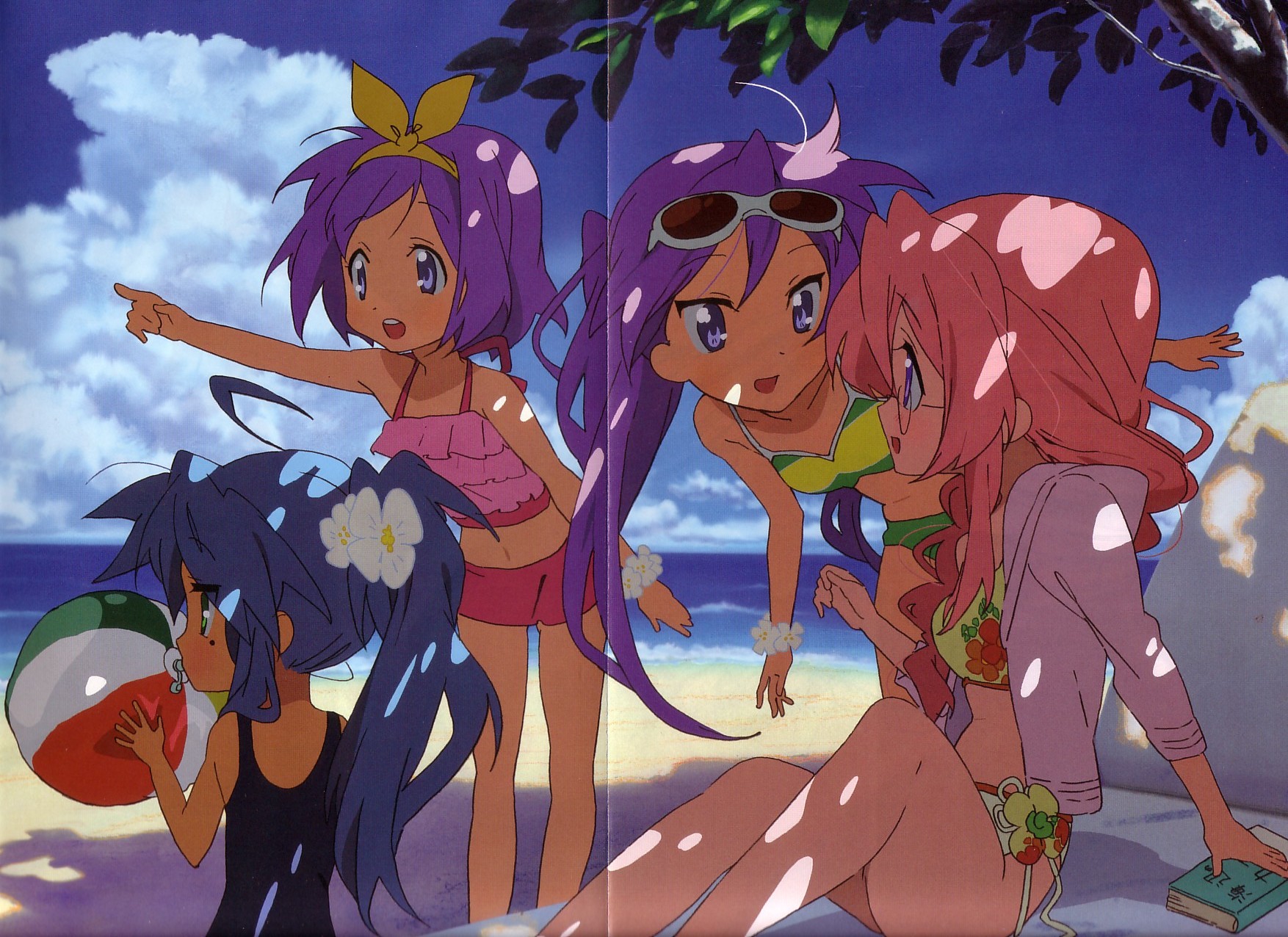 hiiragi kagami, hiiragi tsukasa, izumi konata, takara miyuki, lucky star, highres, official art, scan, scan artifacts, 00s, 4girls, ball, beach, beachball, bikini, book, dappled sunlight, day, flower, glasses, mole, mole under eye, multiple girls, one-piece swimsuit, outdoors, school swimsuit, shade, siblings, side-tie bikini bottom, sisters, sunglasses, sunlight, swimsuit, twins