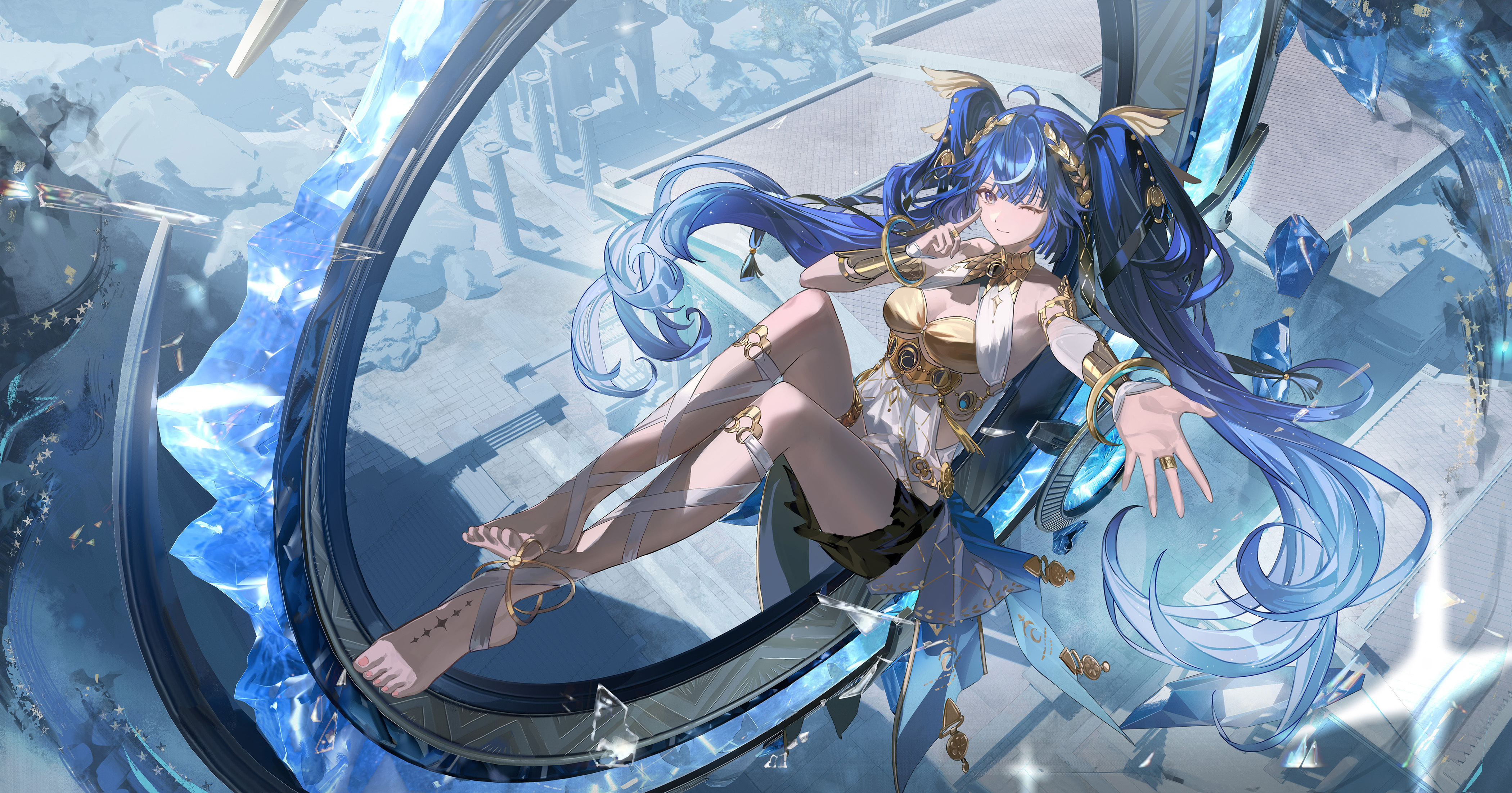 ata-zhubo, iuno (wuthering waves), wuthering waves, absurdres, highres, 1girl, ahoge, ancient greek clothes, barefoot, black skirt, blue eyes, breasts, cleavage, closed mouth, feet, from above, full body, gold bra, greco-roman clothes, hair belt, hand up, head wreath, leg wrap, long hair, looking at viewer, medium breasts, miniskirt, missing commentary, one eye closed, outstretched arm, ruins, skirt, smile, solo, tacet mark (wuthering waves), toes, twintails, very long hair