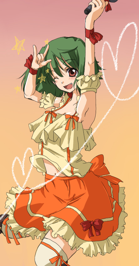 ranka lee, macross, macross frontier, 00s, 1girl, armpits, brown eyes, female focus, green hair, m/, microphone, one eye closed, solo, star (symbol), thighhighs, wink