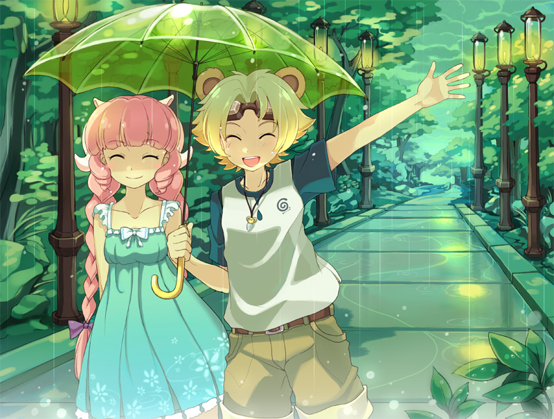 armcho, lion (trickster), sheep (trickster), trickster (ntreev soft), 10s, 1boy, 1girl, animal ears, blonde hair, blush, braid, closed eyes, cowboy shot, dress, goggles, happy, holding, holding umbrella, lion ears, long hair, outdoors, pink hair, rain, sheep ears, sheepgirl, short hair, twin braids, umbrella, waving