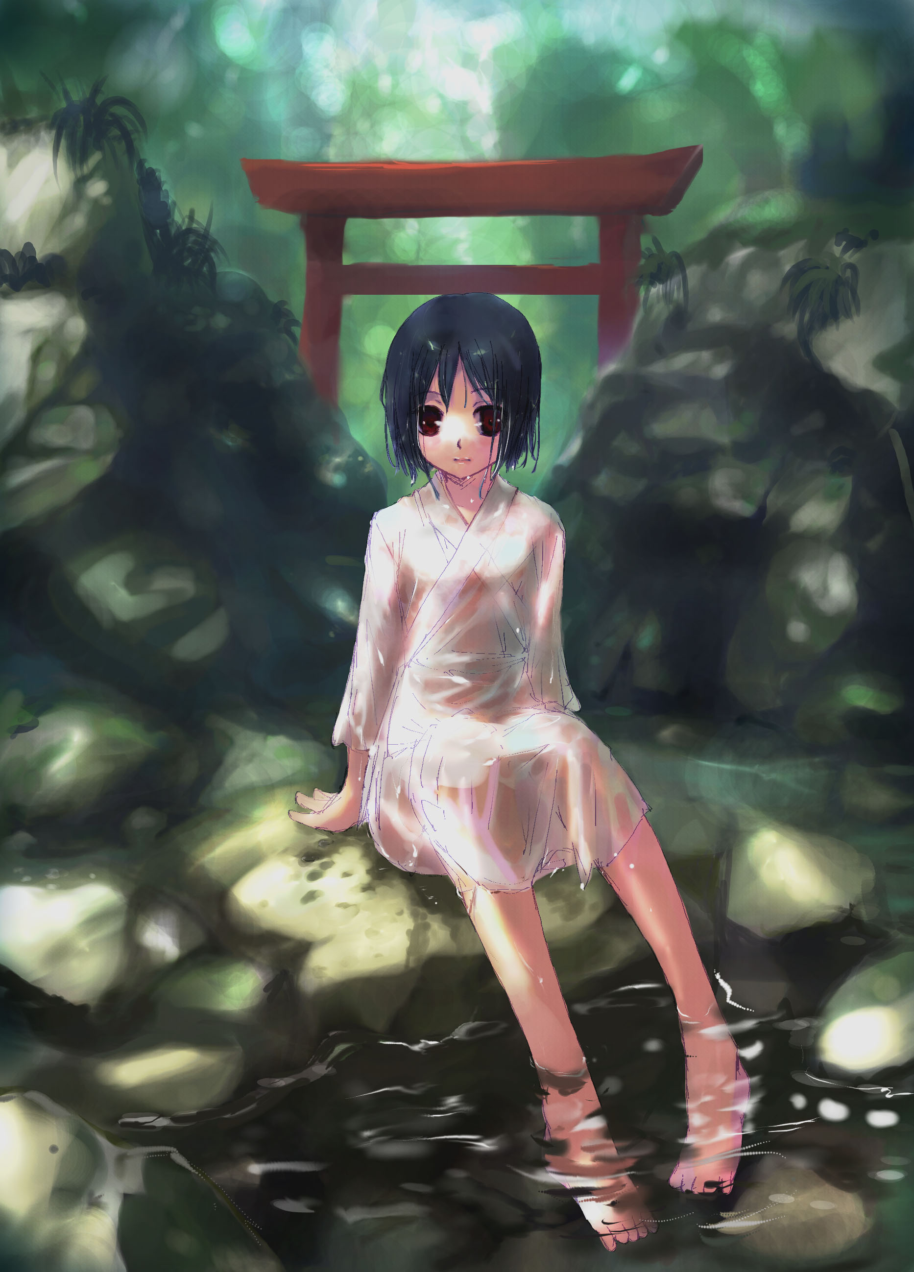 nyonsuke, absurdres, highres, barefoot, black hair, feet, outdoors, red eyes, rock, see-through clothes, short hair, sitting, soaking feet, solo, torii, water, wet, wet hair